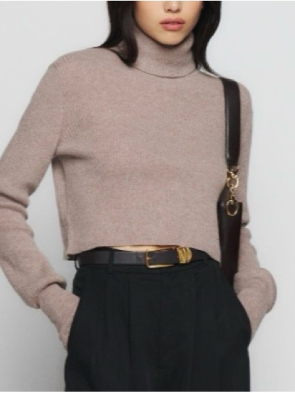 Reformation Luisa Cropped Cashmere Sweater turtleneck tan brown medium
